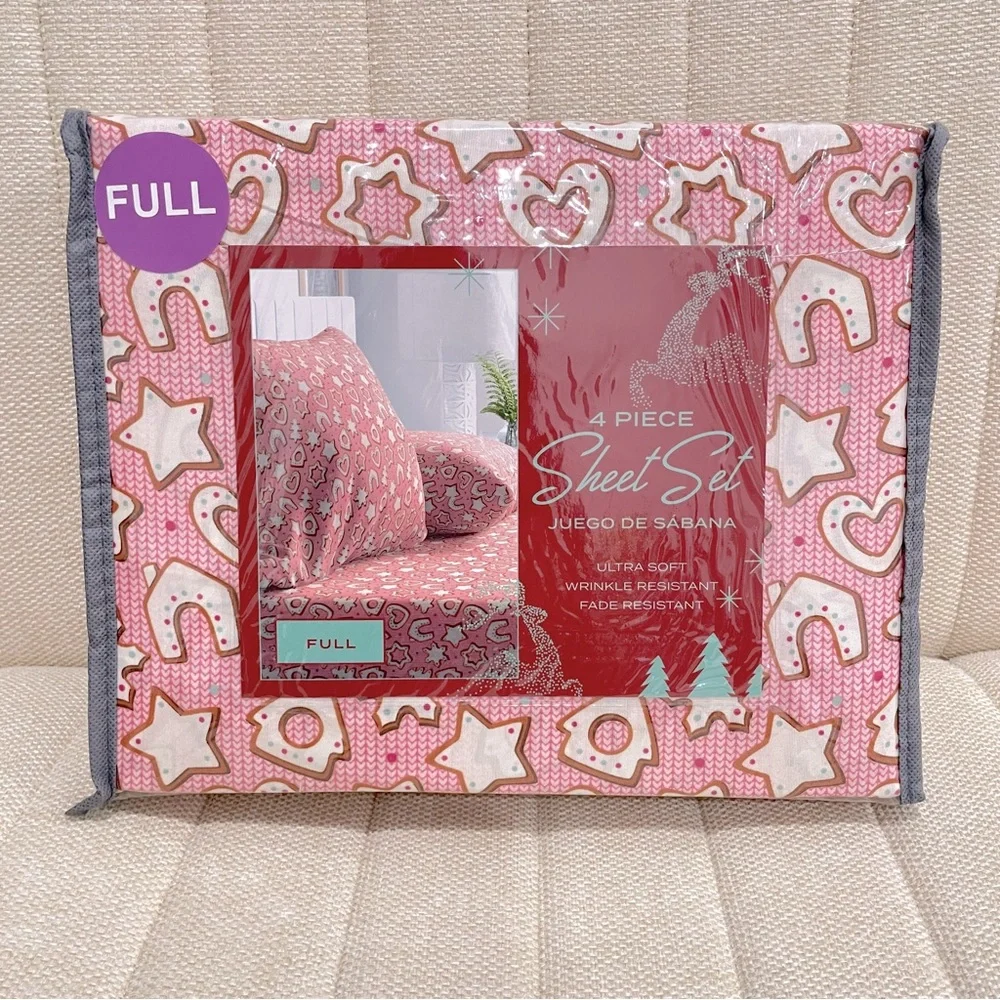 Christmas Cookies Pink 4 Piece Sheet Set Full Gingerbread Heart Holiday Bedding